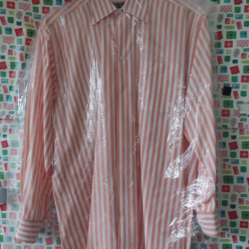 Nautica Men's Orange and White Striped Dress Shirt